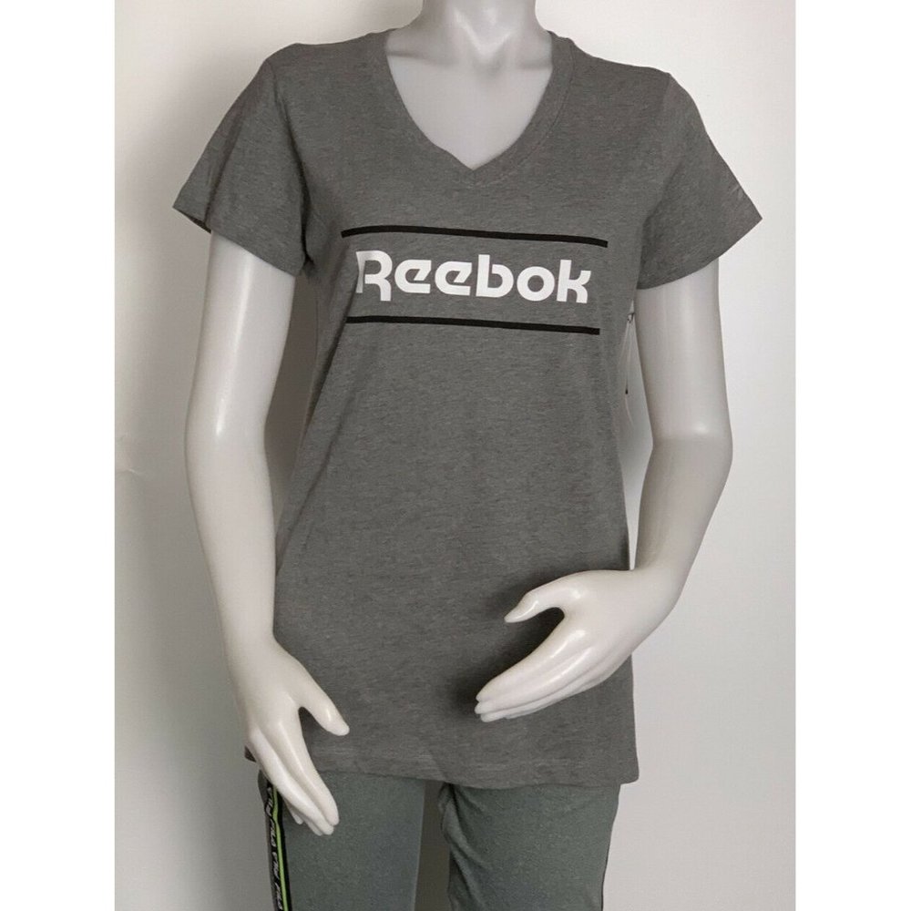 Women’s sports shirt Size L Reebok LUCID VECTOR Short Sleeve V Neck Grey Heather